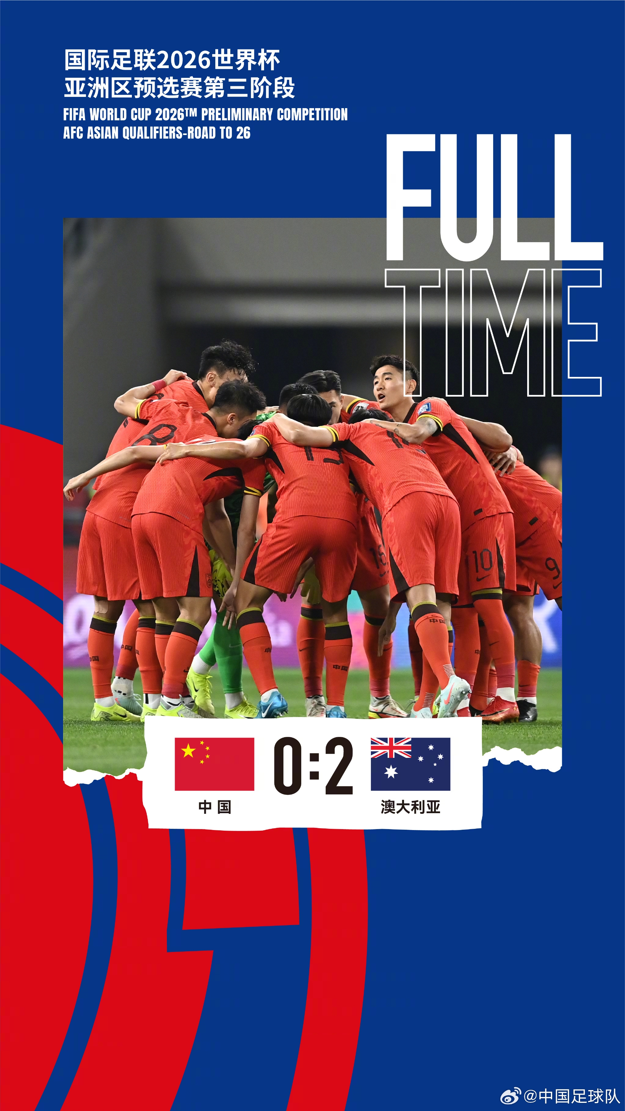 美加墨世界杯亞洲區(qū)預(yù)選賽第三階段第八輪，中國隊(duì)0-2澳大利亞隊(duì)